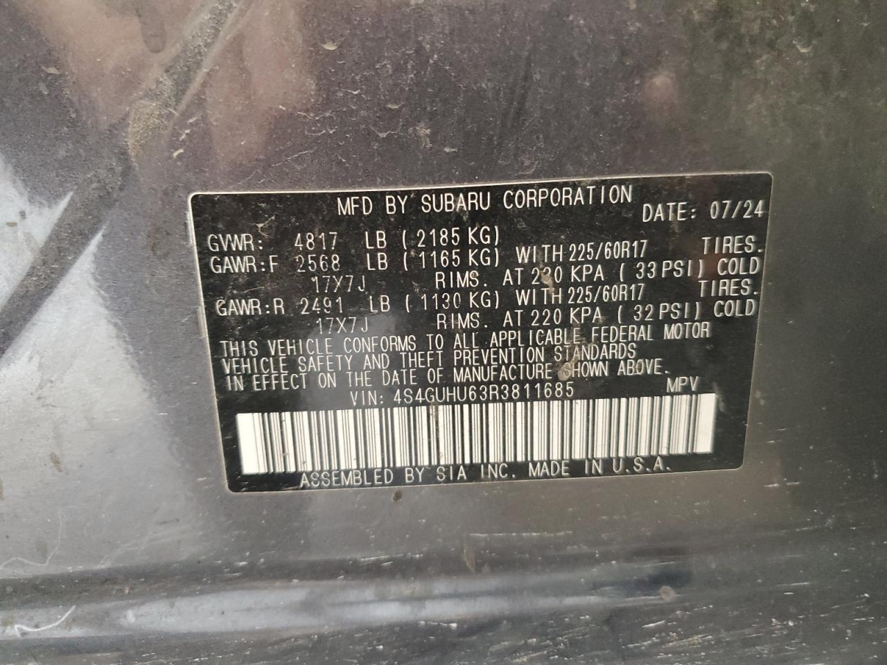 2024 SUBARU CROSSTREK WILDERNESS VIN:4S4GUHU63R3811685