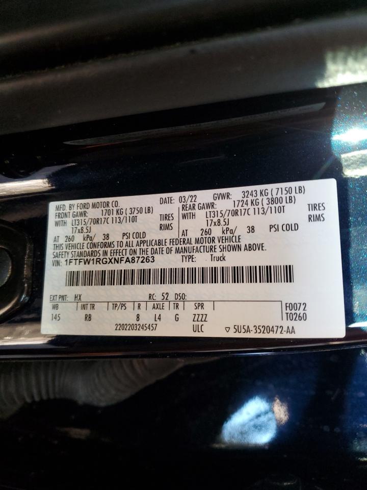 2022 FORD F150 RAPTOR VIN:1FTFW1RGXNFA87263