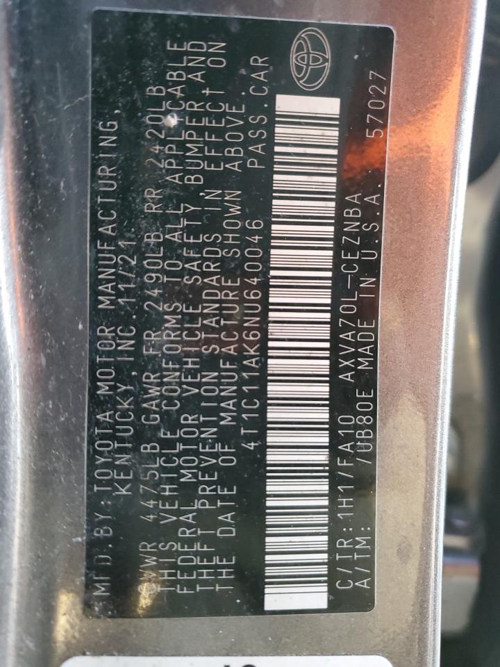 2022 TOYOTA CAMRY LE VIN:4T1C11AK6NU640046