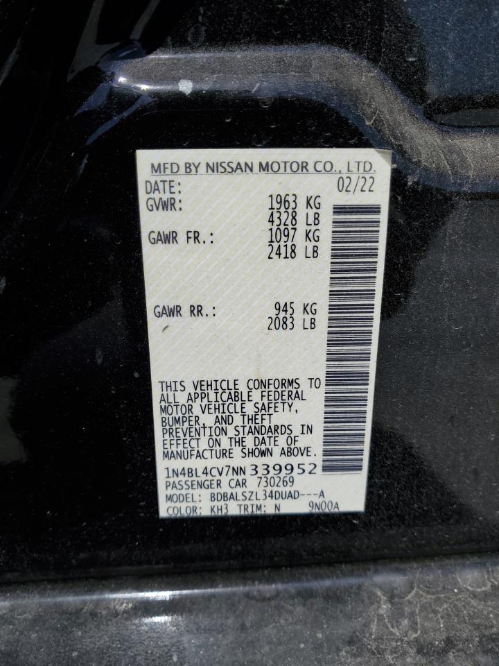 2022 NISSAN ALTIMA SR VIN:1N4BL4CV7NN339952