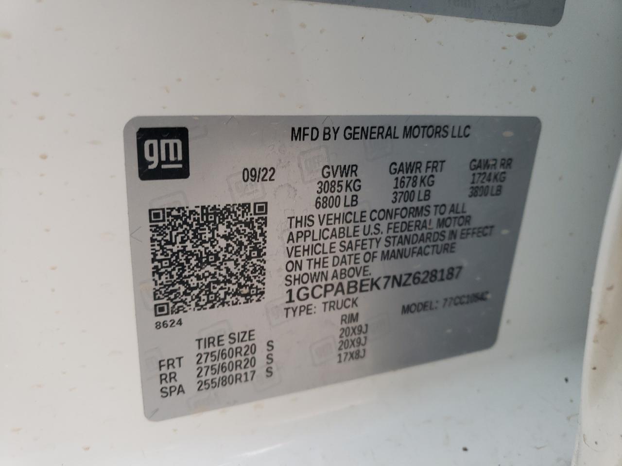 2022 CHEVROLET SILVERADO C1500 CUSTOM VIN:1GCPABEK7NZ628187