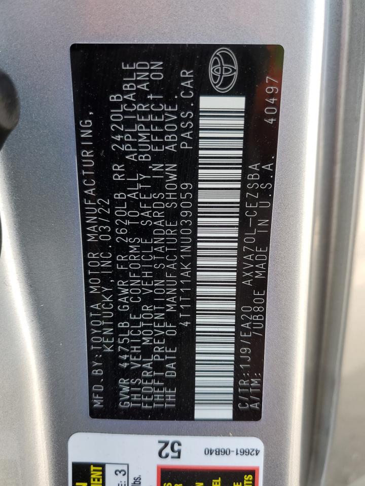 2022 TOYOTA CAMRY SE VIN:4T1T11AK1NU039059