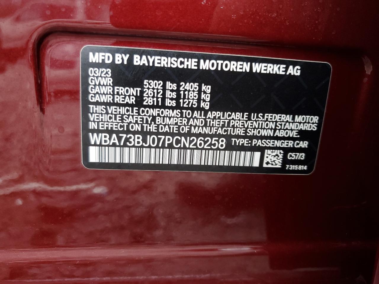2023 BMW 540 XI VIN:WBA73BJ07PCN26258