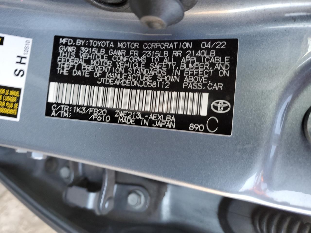 2022 TOYOTA COROLLA LE VIN:JTDEAMDE0NJ058112