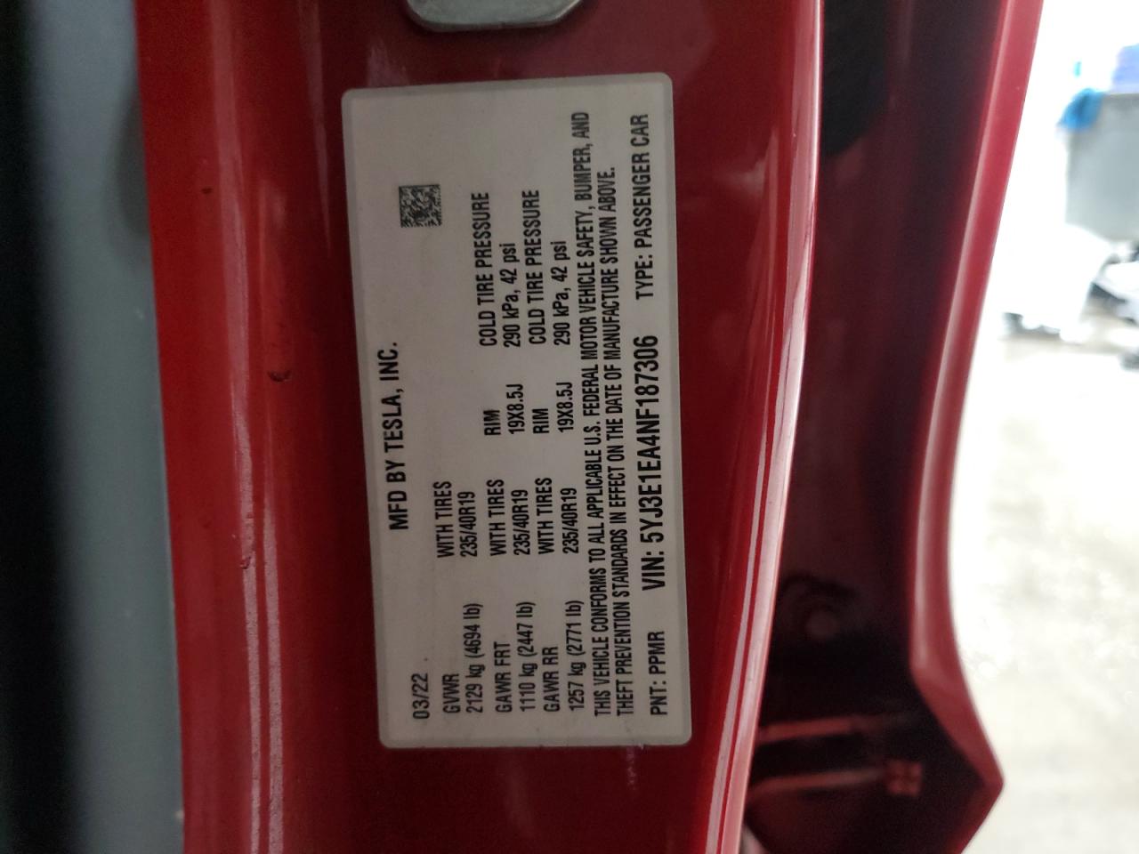 2022 TESLA MODEL 3  VIN:5YJ3E1EA4NF187306