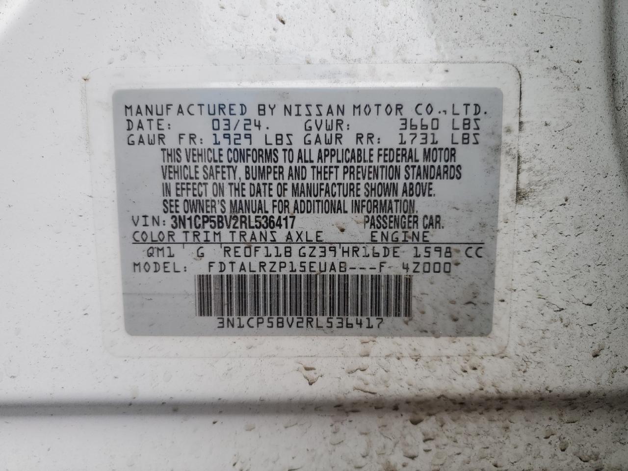 2024 NISSAN KICKS S VIN:3N1CP5BV2RL536417