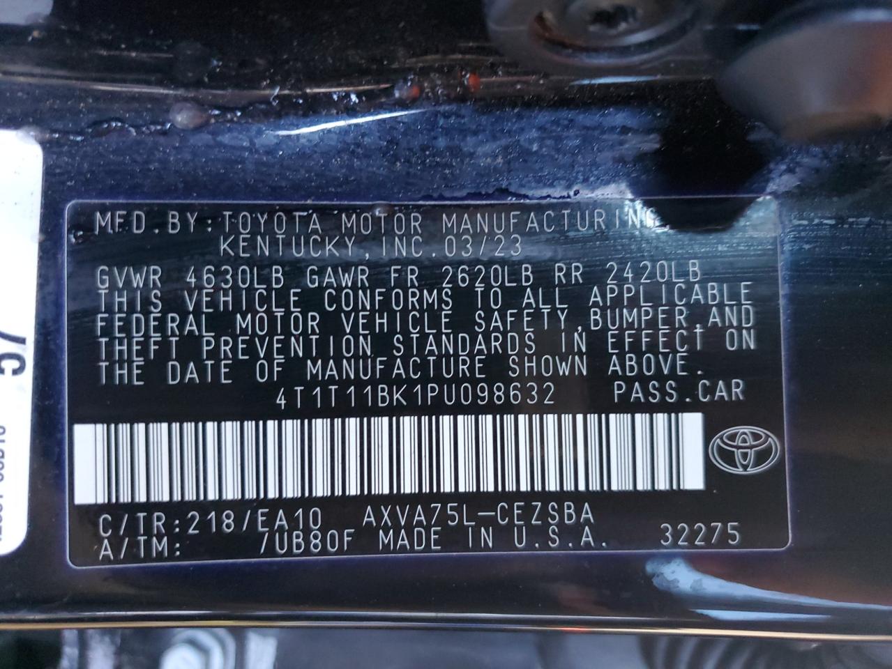 2023 TOYOTA CAMRY SE NIGHT SHADE VIN:4T1T11BK1PU098632
