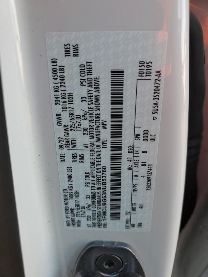 2022 FORD ESCAPE SE VIN:1FMCU9G63NUB53760