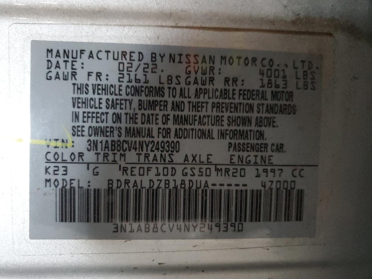 2022 NISSAN SENTRA SV VIN:3N1AB8CV4NY249390