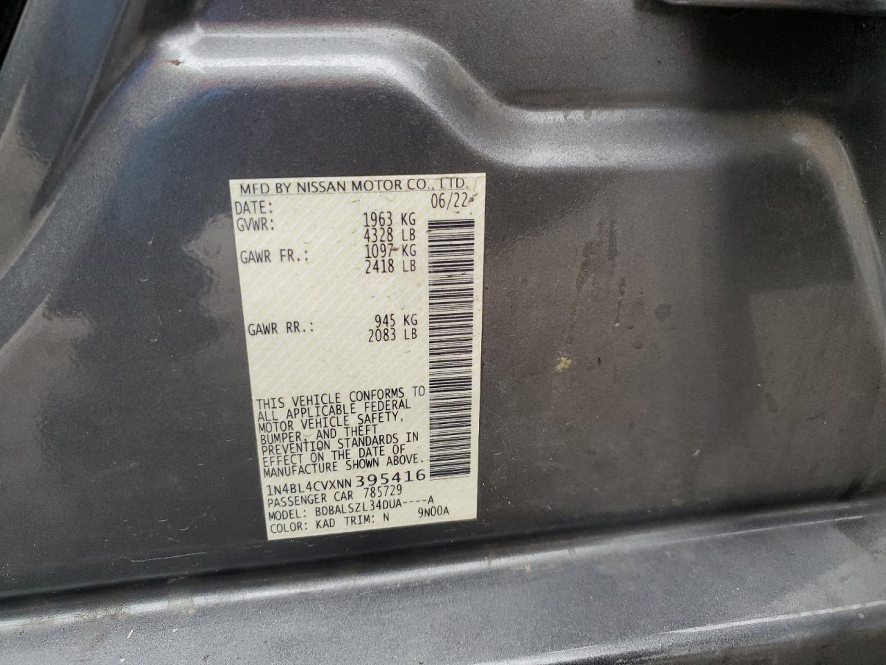 2022 NISSAN ALTIMA SR VIN:1N4BL4CVXNN395416