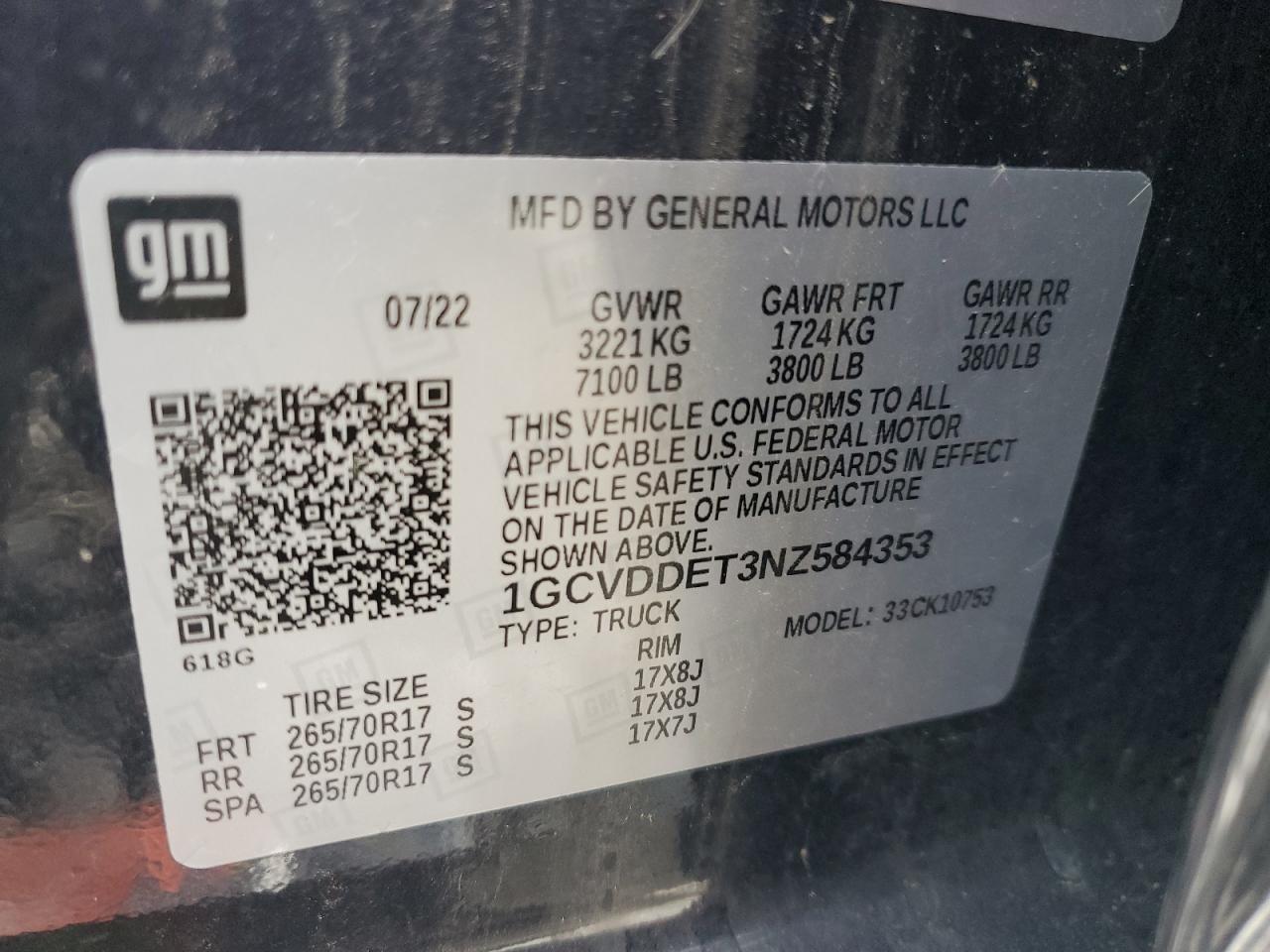 2022 CHEVROLET SILVERADO K1500 LT VIN:1GCVDDET3NZ584353