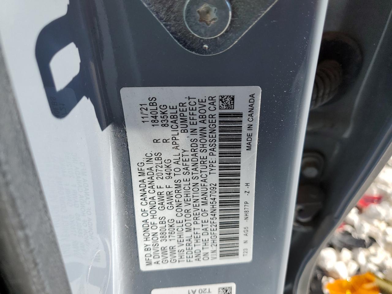 2022 HONDA CIVIC SPORT VIN:2HGFE2F54NH547092