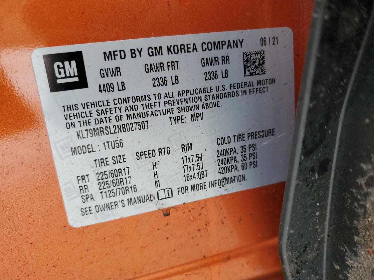 2022 CHEVROLET TRAILBLAZER LT VIN:KL79MRSL2NB027507