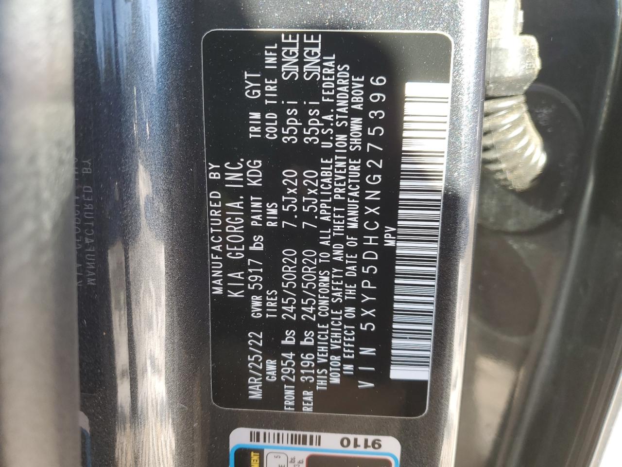 2022 KIA TELLURIDE SX VIN:5XYP5DHCXNG275396