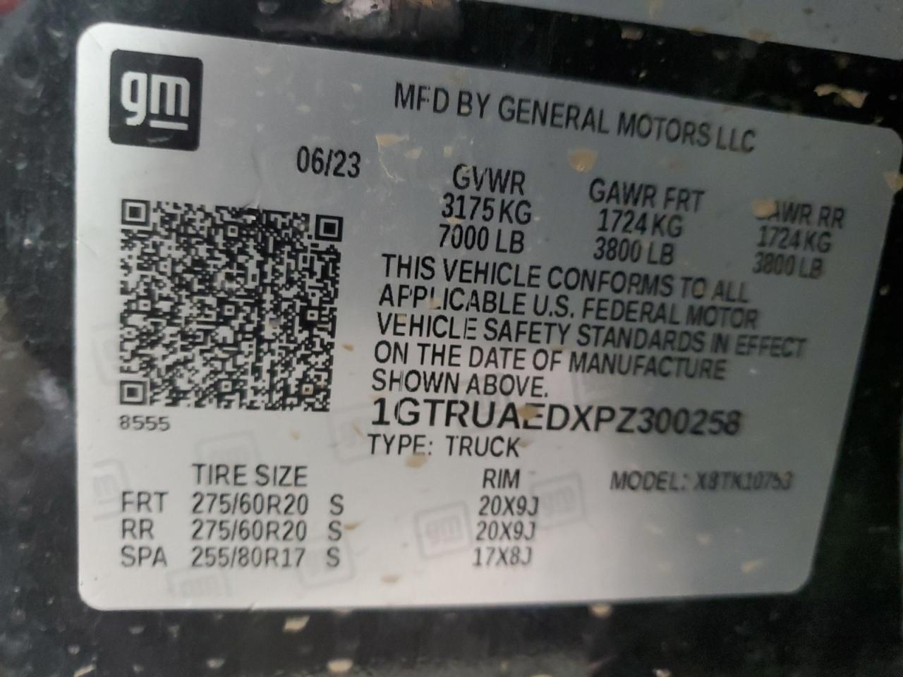 2023 GMC SIERRA K1500 VIN:1GTRUAEDXPZ300258