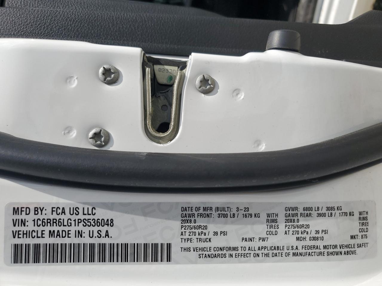 2023 RAM 1500 CLASSIC SLT VIN:1C6RR6LG1PS536048