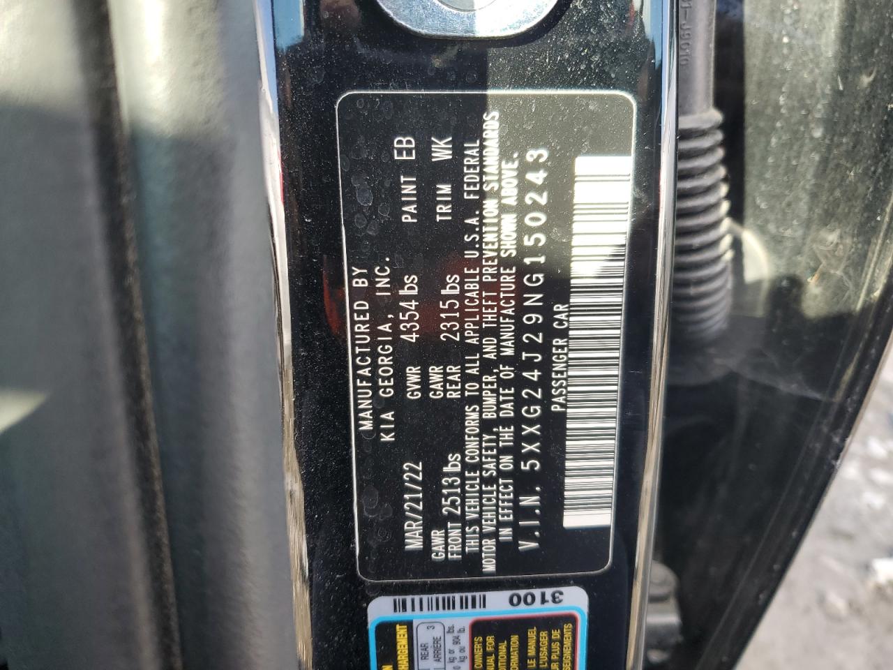 2022 KIA K5 LX VIN:5XXG24J29NG150243