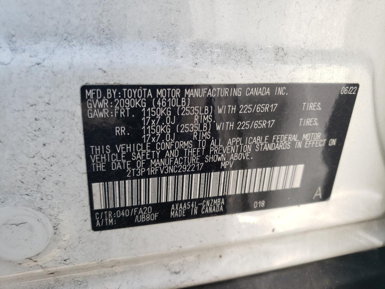 2022 TOYOTA RAV4 XLE VIN:2T3P1RFV3NC292217