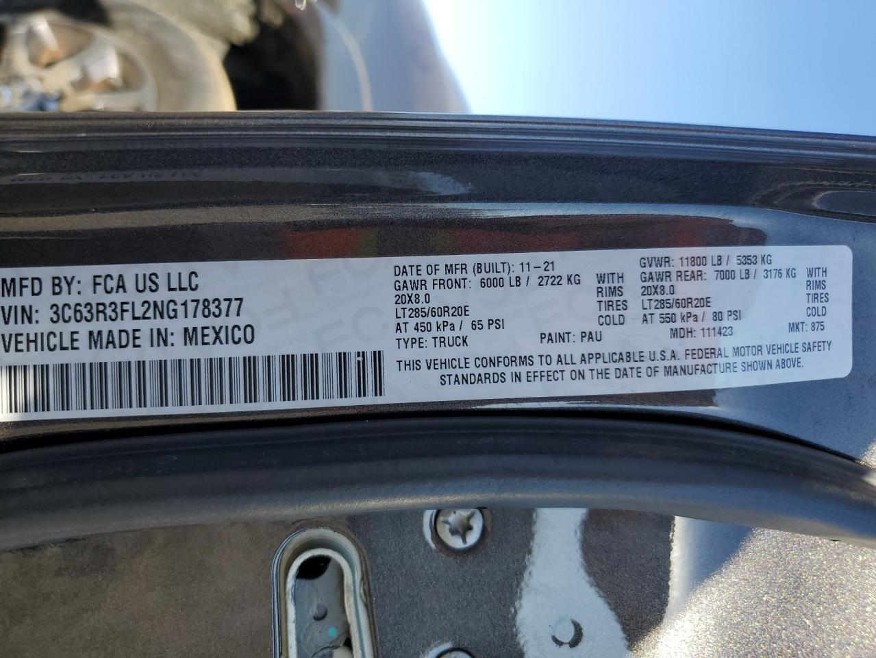 2022 RAM 3500 LONGHORN VIN:3C63R3FL2NG178377