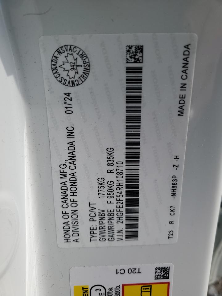 2024 HONDA CIVIC SPORT VIN:2HGFE2F54RH108710