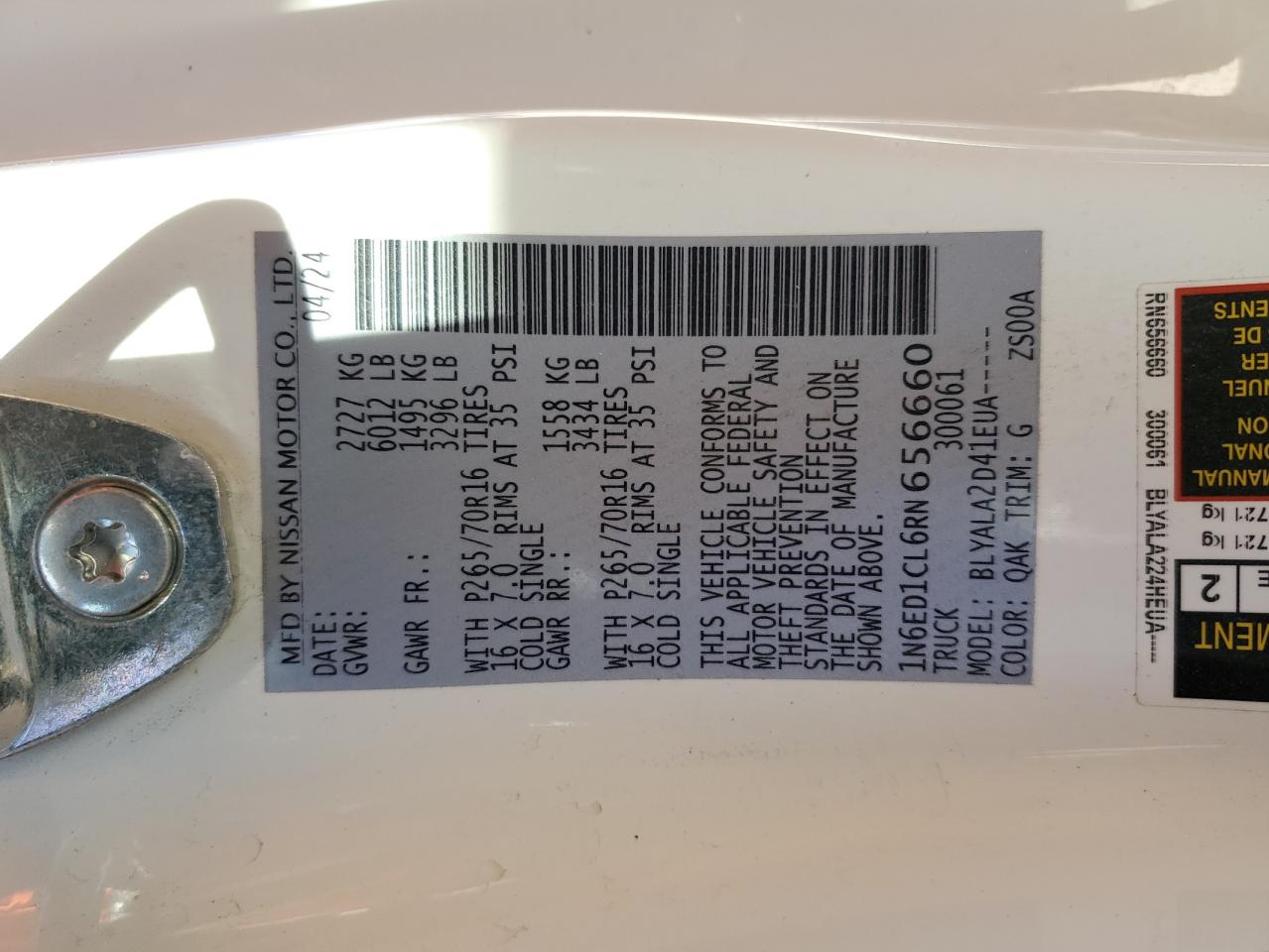 2024 NISSAN FRONTIER S VIN:1N6ED1CL6RN656660