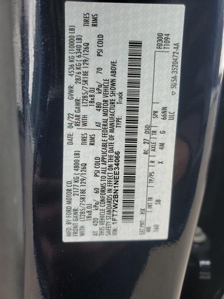 2022 FORD F250 SUPER DUTY VIN:1FT7W2BN1NEE34066