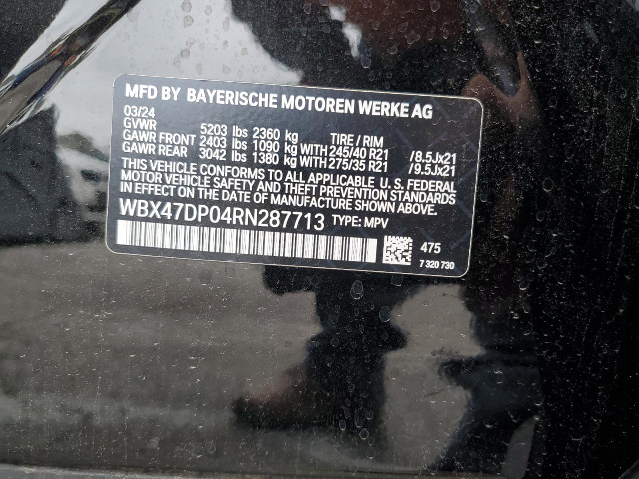 2024 BMW X3 SDRIVE30I VIN:WBX47DP04RN287713