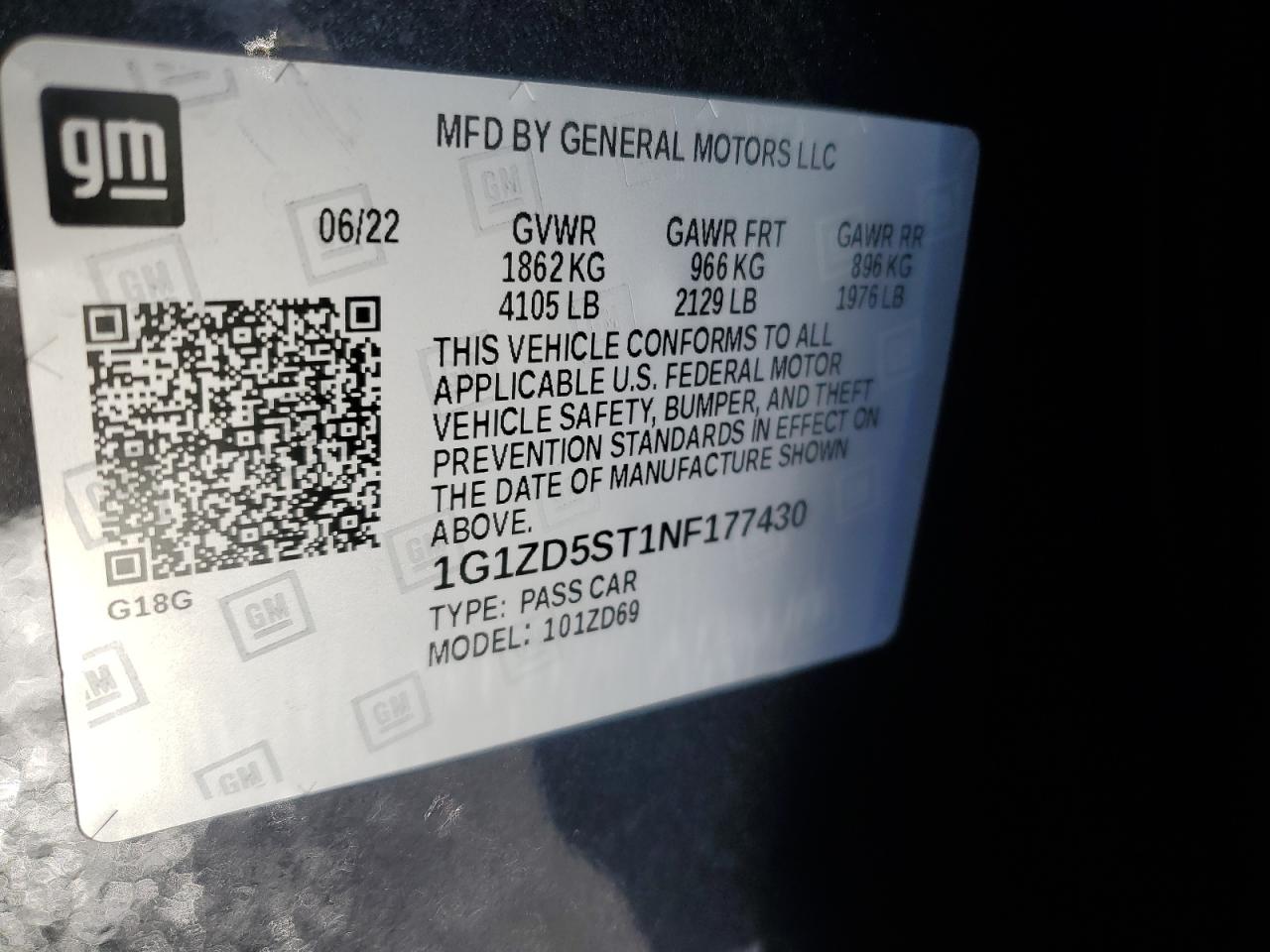 2022 CHEVROLET MALIBU LT VIN:1G1ZD5ST1NF177430