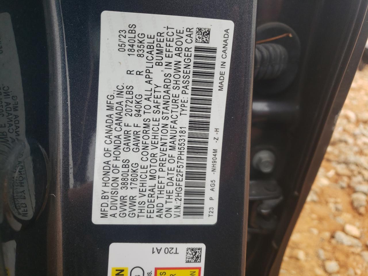 2023 HONDA CIVIC SPORT VIN:2HGFE2F57PH553181