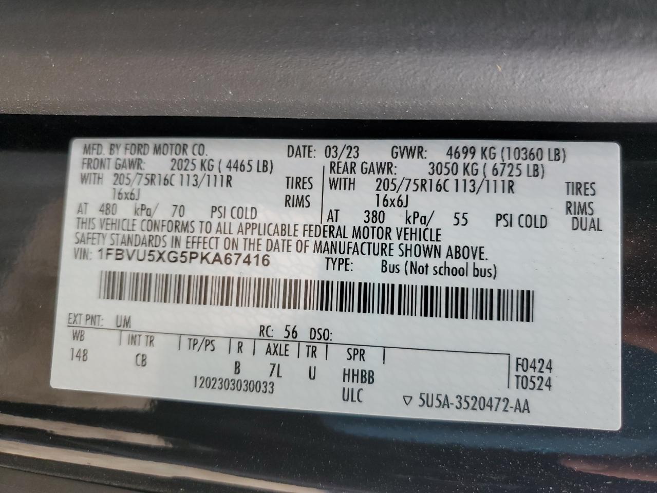 2023 FORD TRANSIT T-350 HD VIN:1FBVU5XG5PKA67416