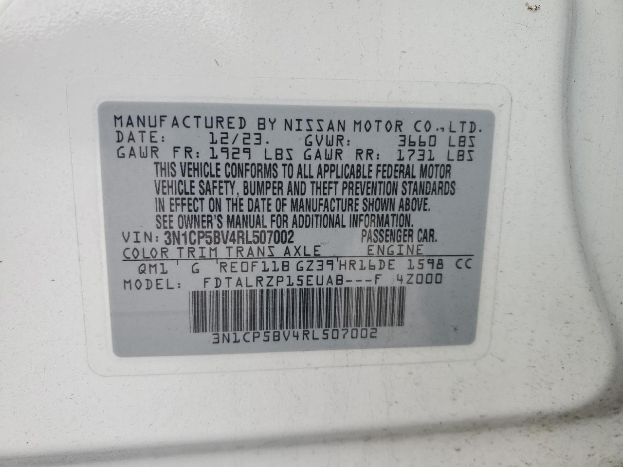 2024 NISSAN KICKS S VIN:3N1CP5BV4RL507002