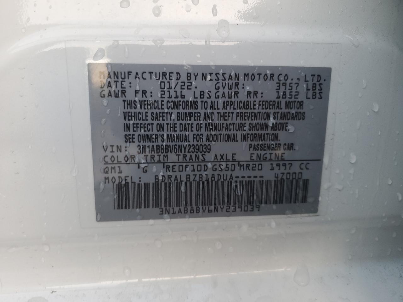 2022 NISSAN SENTRA S VIN:3N1AB8BV6NY239039