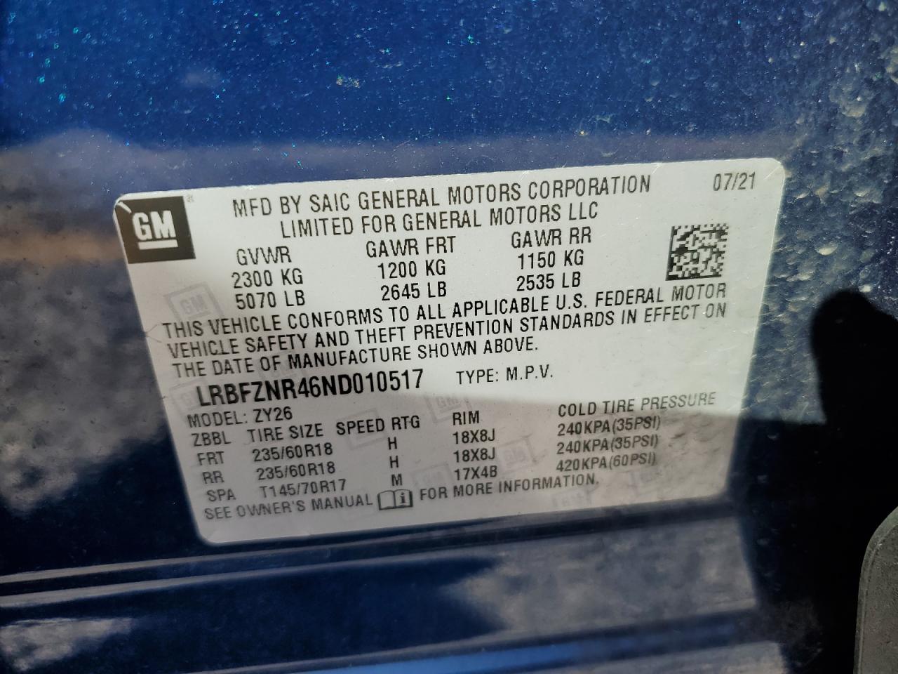 2022 BUICK ENVISION ESSENCE VIN:LRBFZNR46ND010517