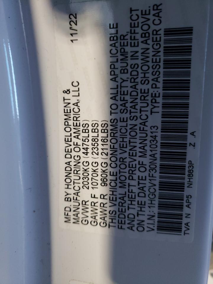 2022 HONDA ACCORD SPORT VIN:1HGCV1F30NA103413