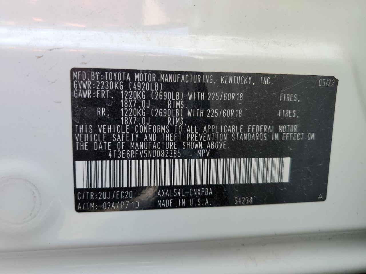 2022 TOYOTA RAV4 XSE VIN:4T3E6RFV5NU082385