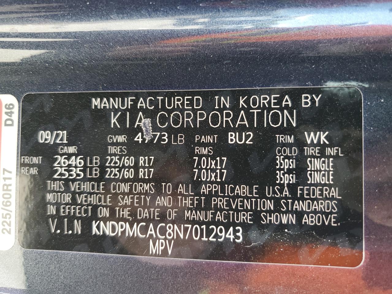 2022 KIA SPORTAGE LX VIN:KNDPMCAC8N7012943