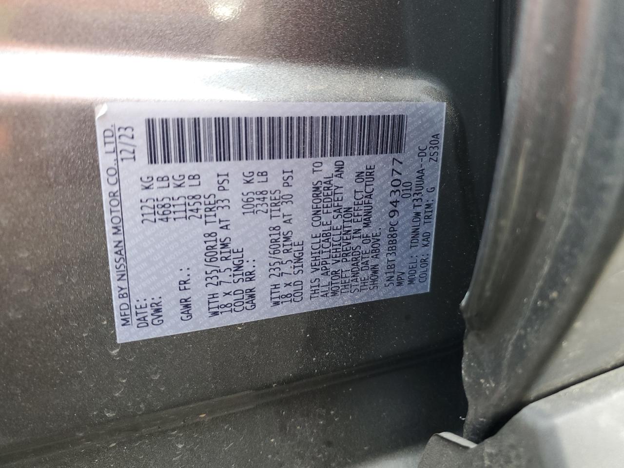 2023 NISSAN ROGUE SV VIN:5N1BT3BB8PC943077