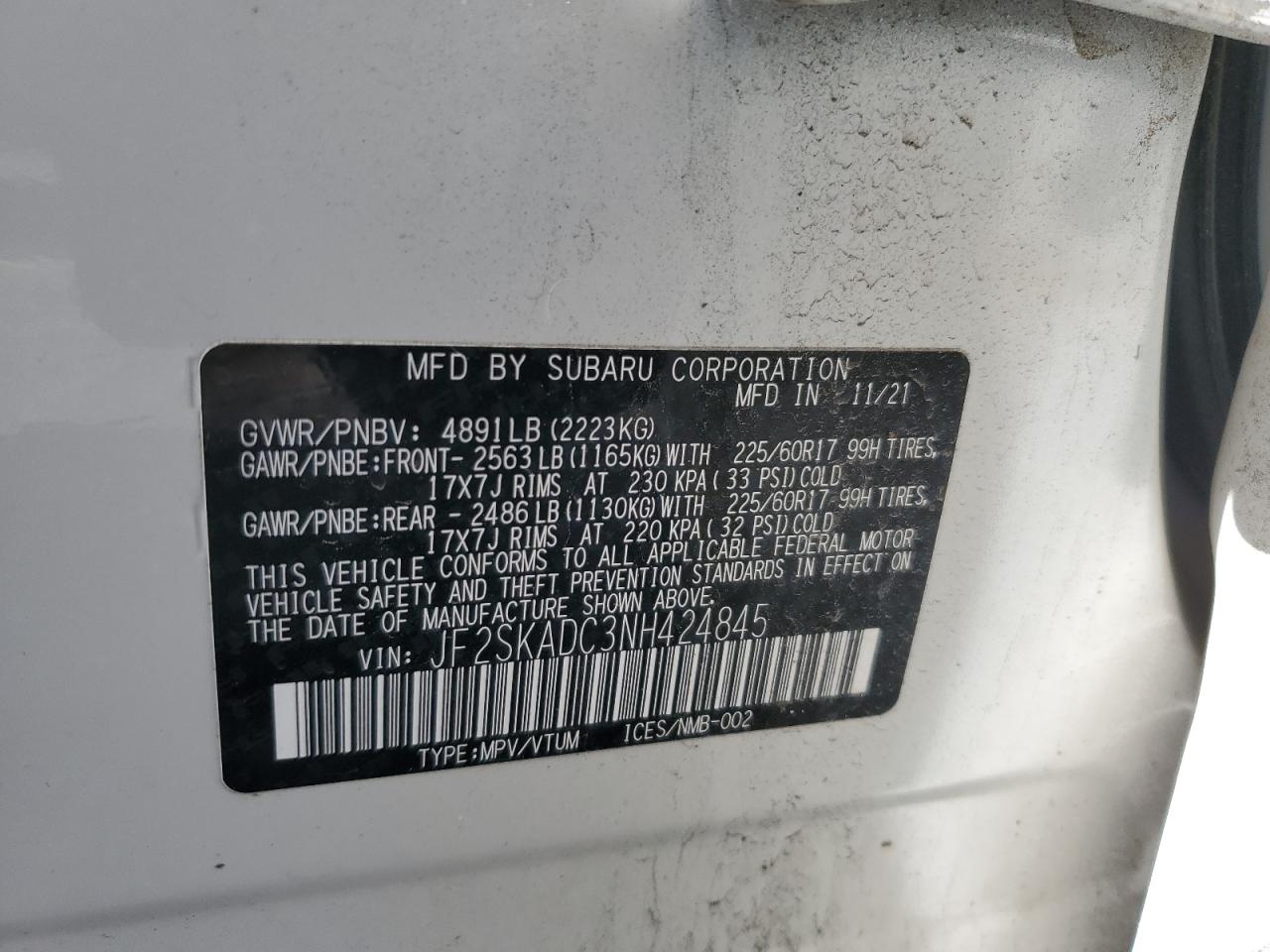 2022 SUBARU FORESTER PREMIUM VIN:JF2SKADC3NH424845