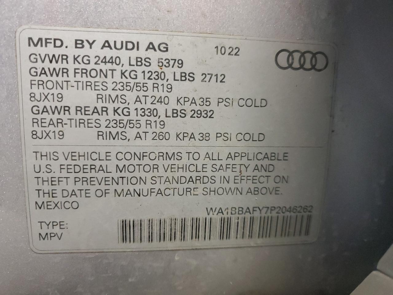 2023 AUDI Q5 PREMIUM PLUS 40 VIN:WA1BBAFY7P2046262