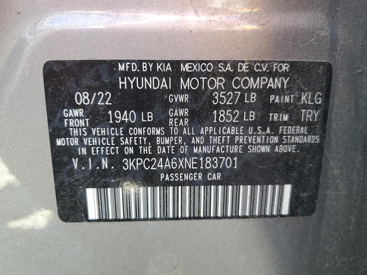 2022 HYUNDAI ACCENT SE VIN:3KPC24A6XNE183701