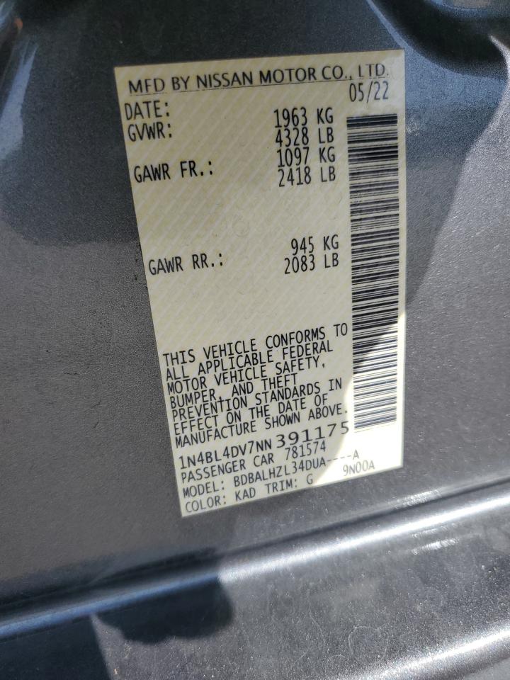 2022 NISSAN ALTIMA SV VIN:1N4BL4DV7NN391175