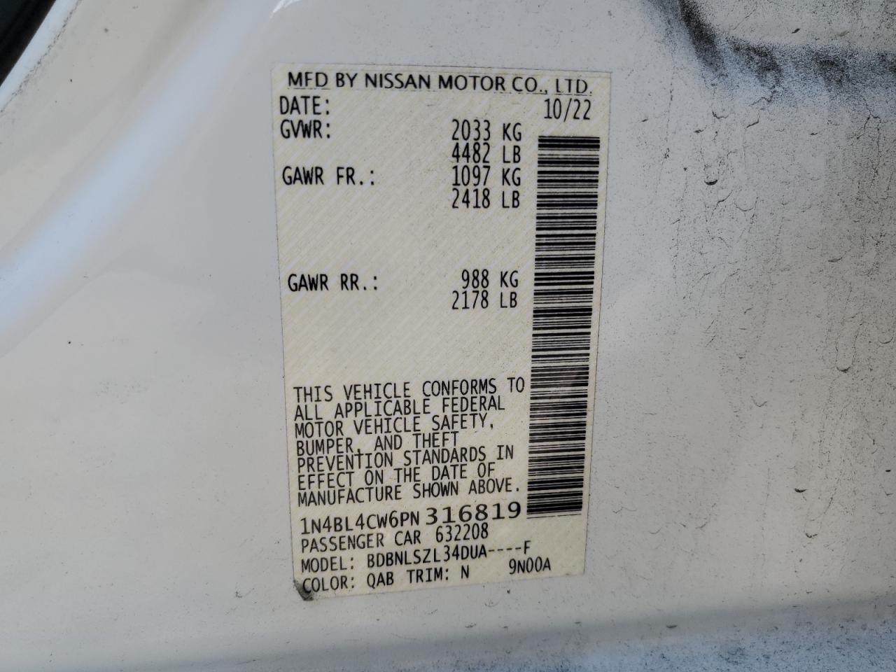 2023 NISSAN ALTIMA SR VIN:1N4BL4CW6PN316819