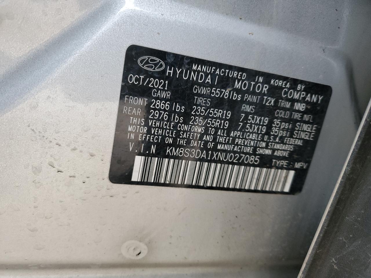 2022 HYUNDAI SANTA FE SEL PREMIUM VIN:3A8FY48B38T113495