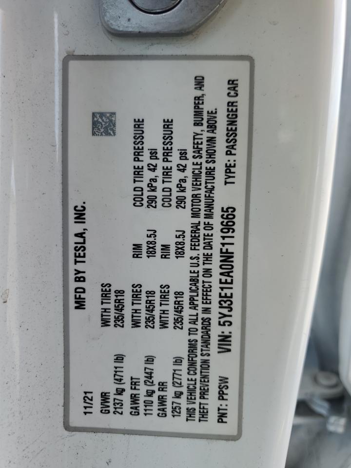 2022 TESLA MODEL 3  VIN:5YJ3E1EA0NF119665
