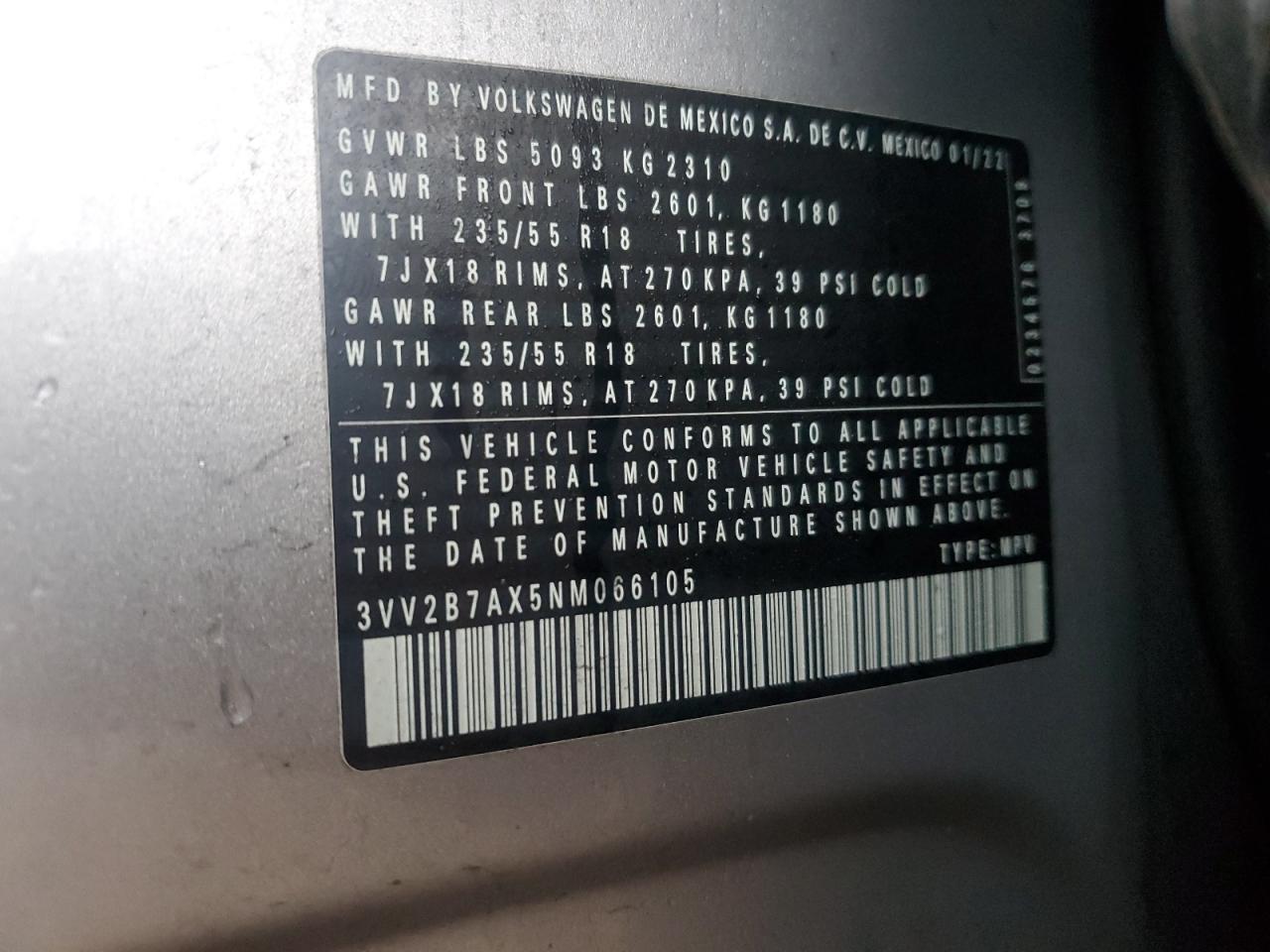 2022 VOLKSWAGEN TIGUAN SE VIN:3VV2B7AX5NM066105