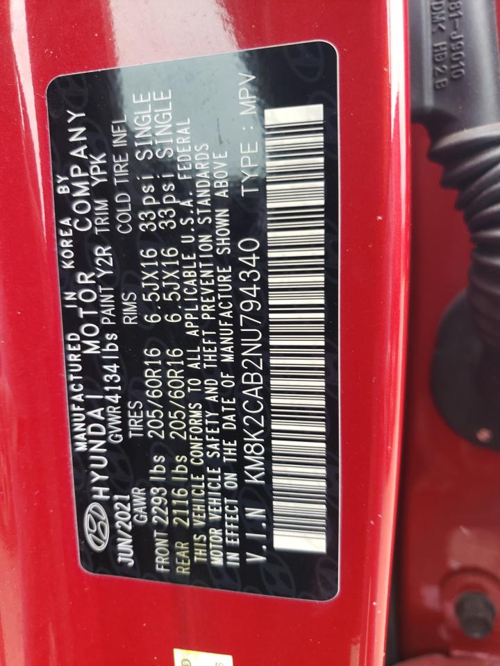 2022 HYUNDAI KONA SEL VIN:KM8K2CAB2NU794340