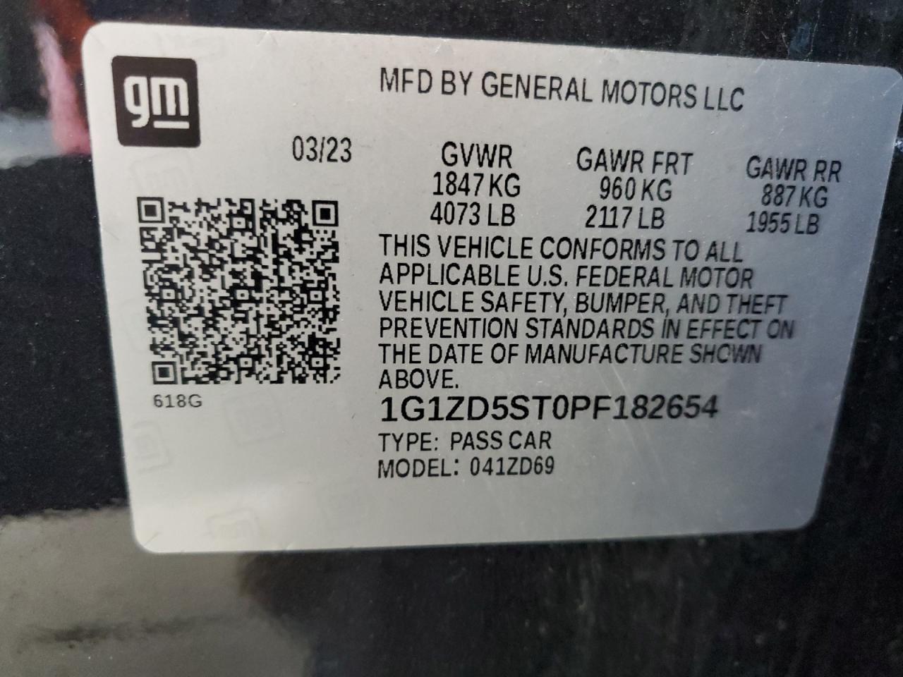 2023 CHEVROLET MALIBU LT VIN:1G1ZD5ST0PF182654