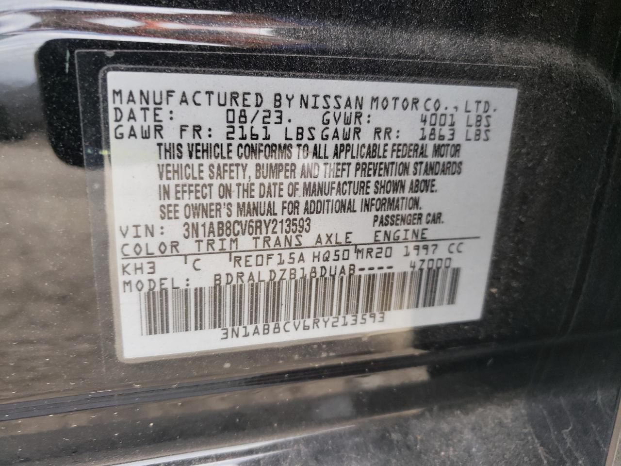 2024 NISSAN SENTRA SV VIN:3N1AB8CV6RY213593