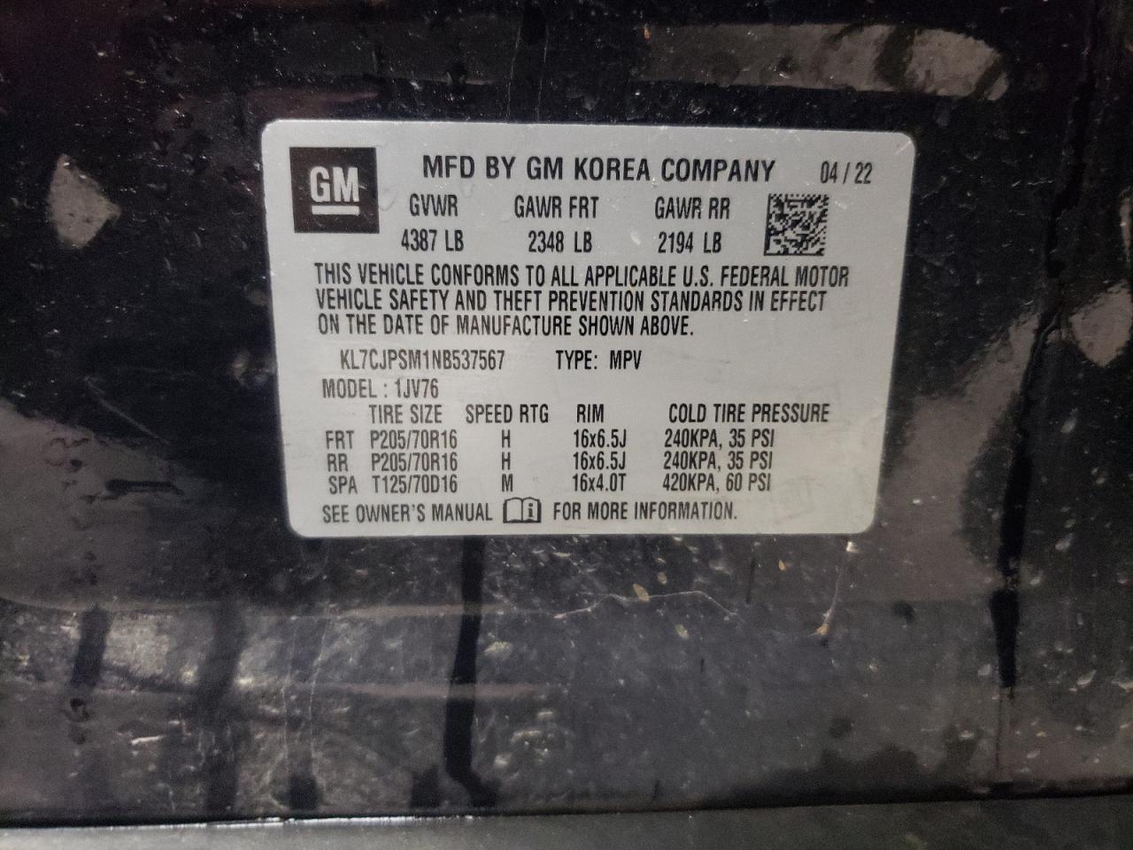 2022 CHEVROLET TRAX 1LT VIN:KL7CJPSM1NB537567