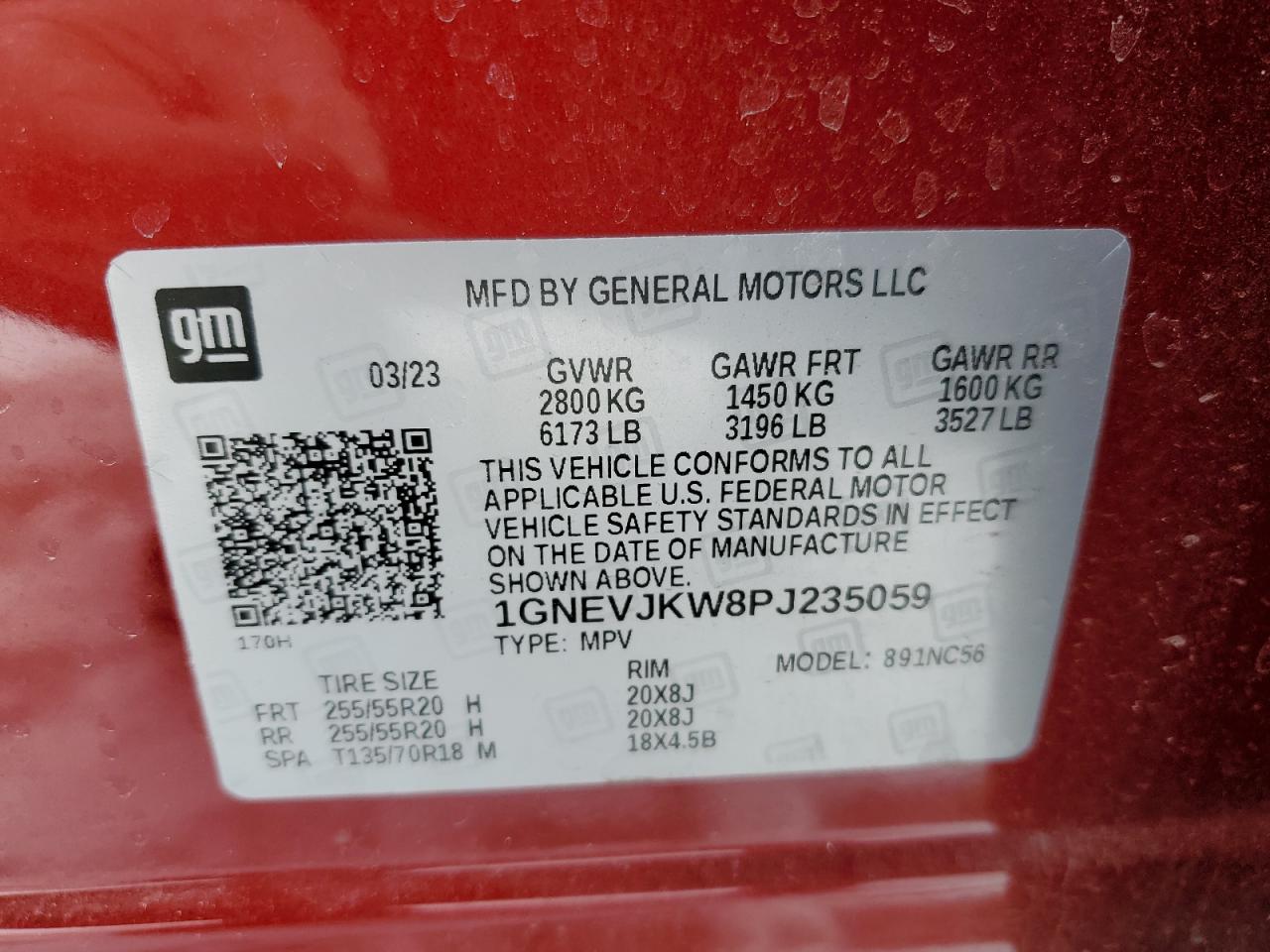 2023 CHEVROLET TRAVERSE RS VIN:1GNEVJKW8PJ235059